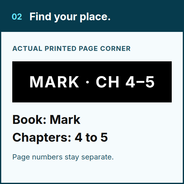 Black book and chapter corner guide showing Mark chapters 4 to 5