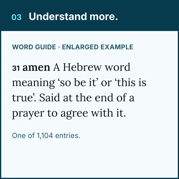 Word Guide sample showing definition of amen entry 31