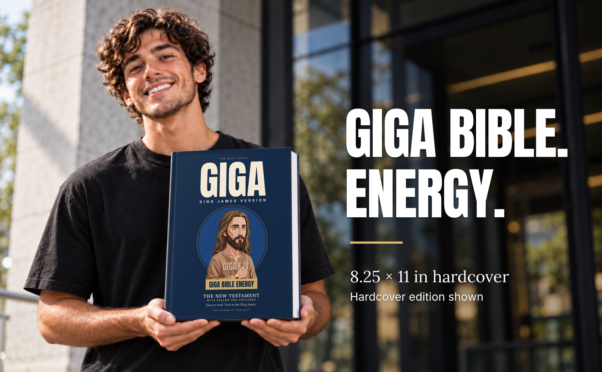 AI-generated illustration: a smiling reader holding the current midnight-blue GIGAKJV hardcover